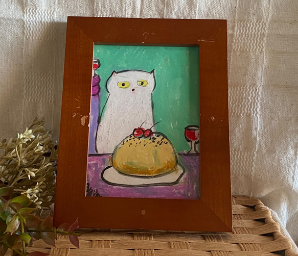 絵画 。原画【テーブルの上の美味しいさくらんぼケーキとワイン