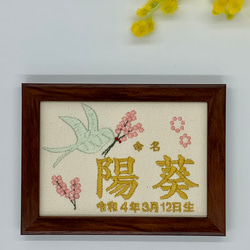 命名布　命名書　刺繍デザイン　写真立てサイズ　お祝いギフト　記念日　《小鳥からのプレゼント》 4枚目の画像