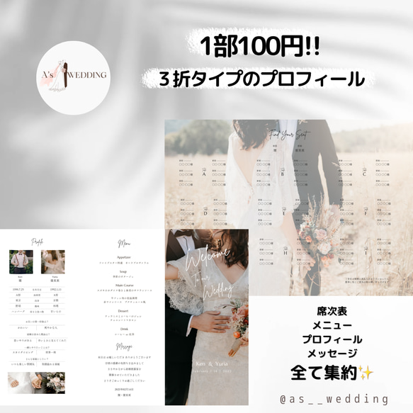 100部付き！3つ折りタイププロフィールブック 席次表・席札・メニュー  