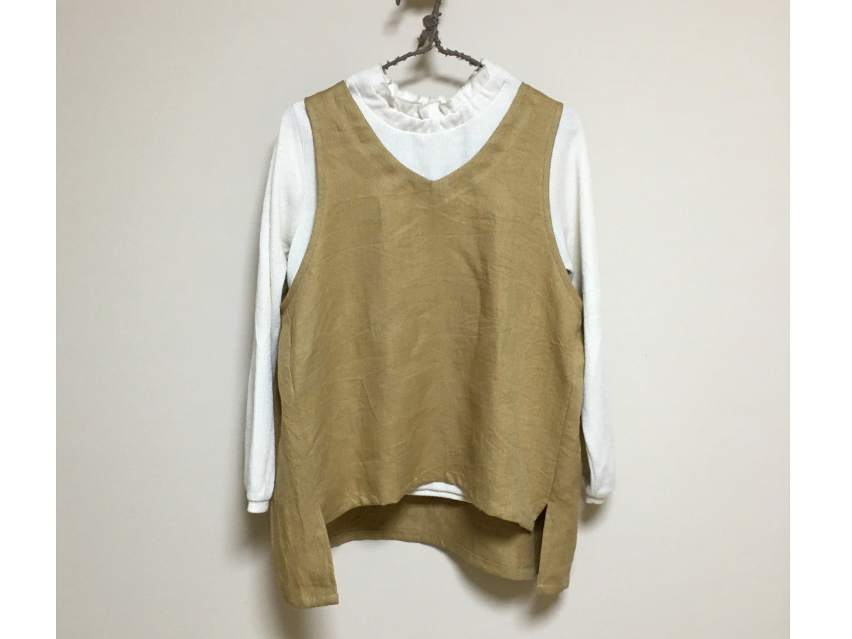 Vネックジレ◆マスタード◆ウィンターリネン【厚手 リネン100％】◆フリーサイズ　～ ベスト ジレ ～