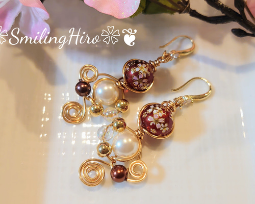 ❀ワイヤーアクセサリー❀和柄とんぼ玉とパールのピアス(レッド
