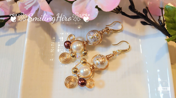 ❀ワイヤーアクセサリー❀和柄とんぼ玉とパールのピアス ❀ワイヤーアクセサリー❀和柄とんぼ玉とパールのピアス