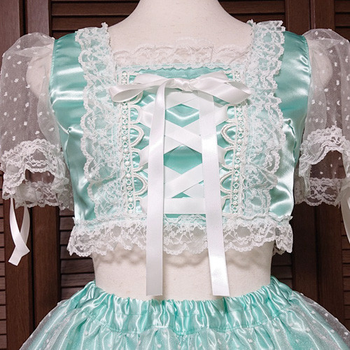 アイドル衣装 エメラルドグリーン×白 編み上げリボン オリジナル