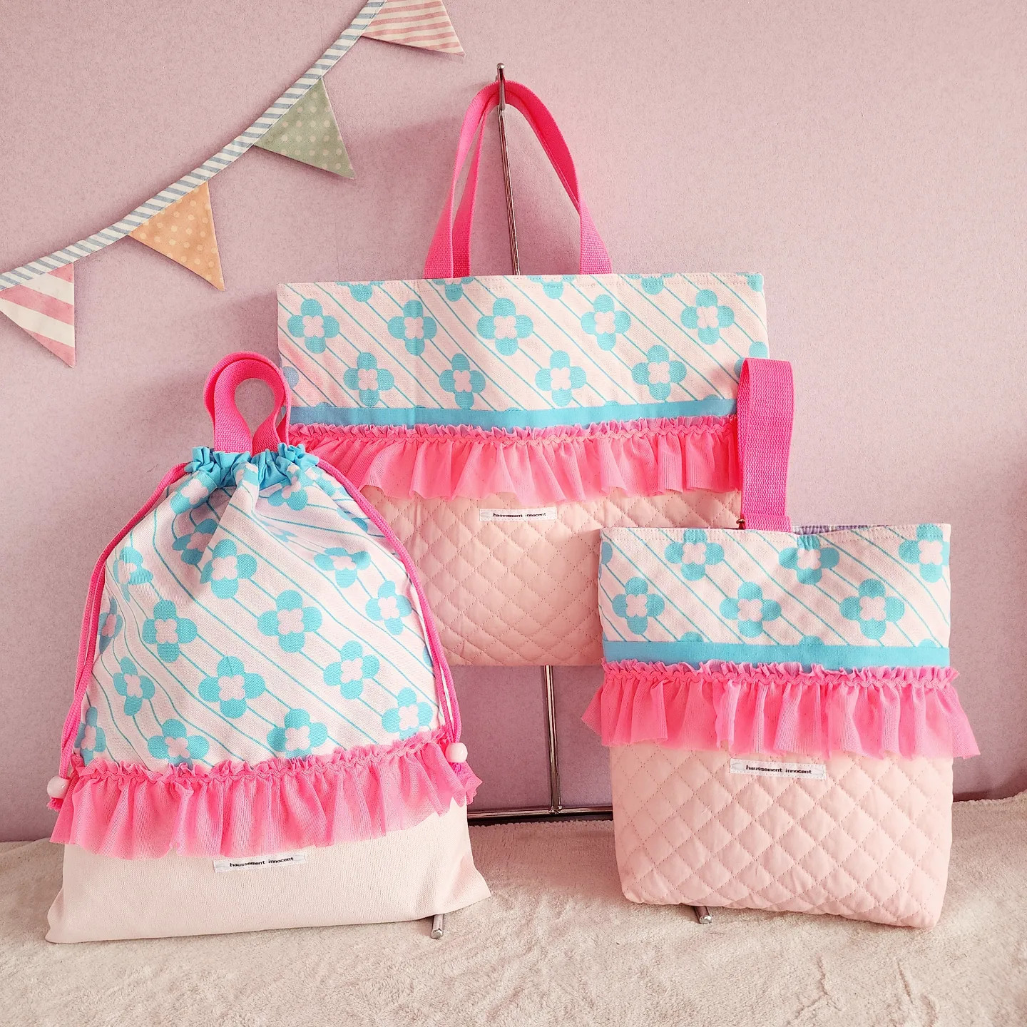 【３点セット】キルティングのレッスンバッグ　シューズケース　体操服入れ　Blue Flower【サイズ変更等可能】