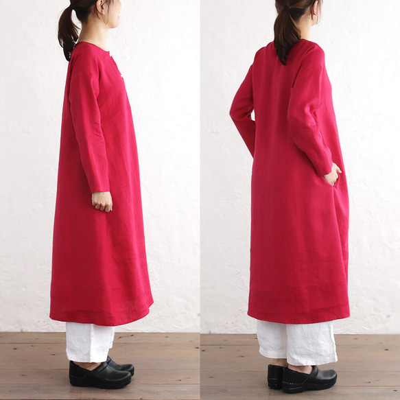 亞麻庫爾塔風格連身裙長袖（草莓紅）OP27。 第5張的照片