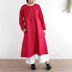 亞麻庫爾塔風格連身裙長袖（草莓紅）OP27。 第3張的照片
