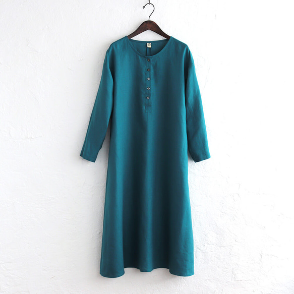 亞麻庫爾塔風格長袖連衣裙（綠松石色）OP27。 第8張的照片