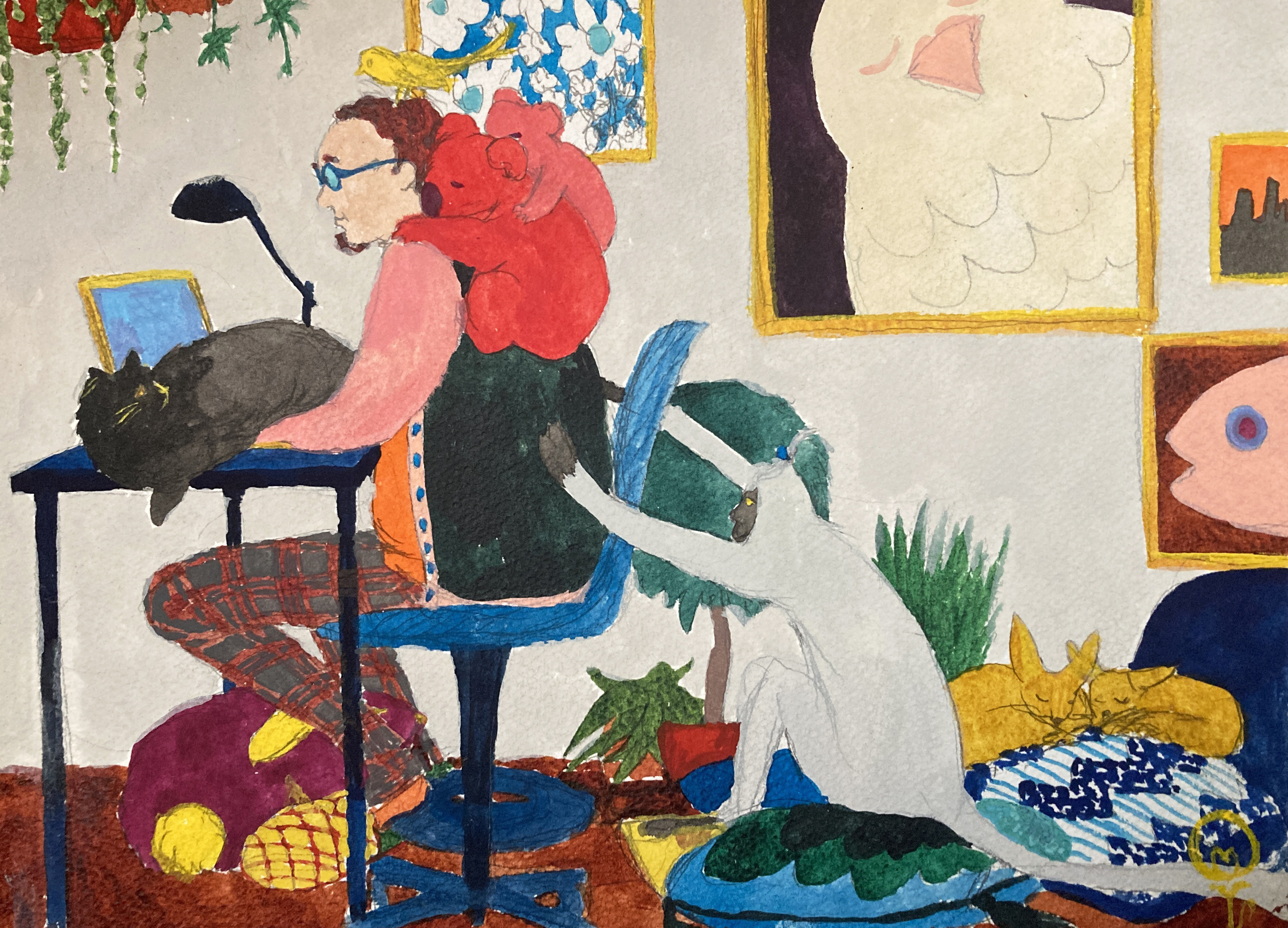 原画「休日に仕事をすると邪魔が入る」ヴィンテージ額縁 裏にスタンド