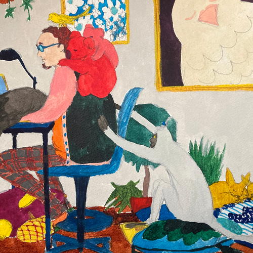 原画「休日に仕事をすると邪魔が入る」ヴィンテージ額縁 裏にスタンド