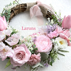 ローズとスカビオサとチューリップのパステルピンクのスプリングリース　桜　玄関リース　直径30㎝　贈り物 4枚目の画像