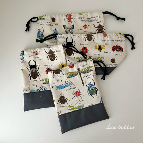 お弁当袋＆コップ袋 各2枚セット／昆虫イラスト柄＜生成り＞サイズ