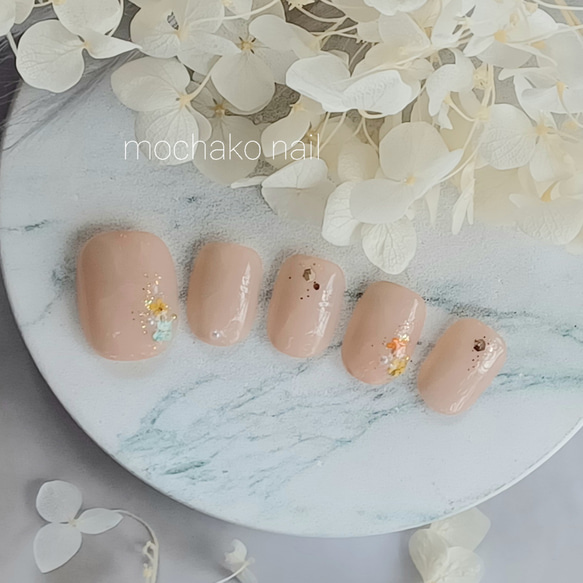 no.014淡色 ベージュ ブラウン フラワー 花 ネイルチップ 結婚式 成人式