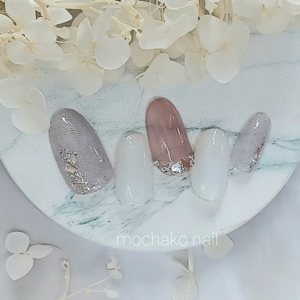 ブライダル 淡色 パープル シェル ストーン ネイルチップ ネイルチップ  