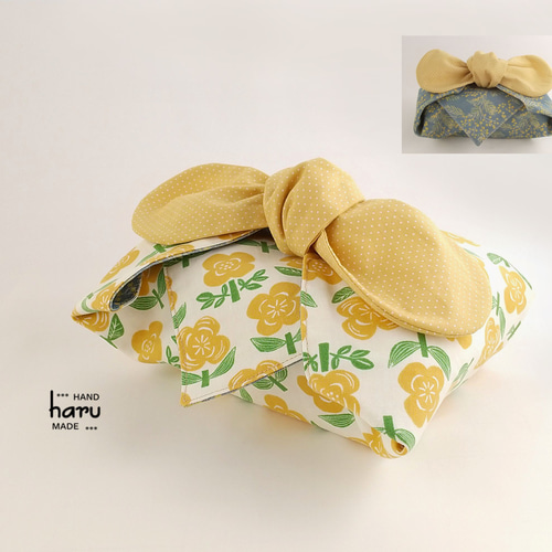 リボンが可愛い黄色い花柄のお弁当包み＊ミモザ柄＊リバーシブル 弁当
