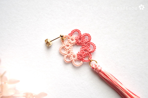 【訂做】梭織蕾絲雙色流蘇耳環&lt;Sakura&gt; 第2張的照片