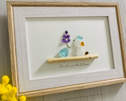 シーグラス アートパネル 天然石 ワンちゃんと小鳥 ラベンダー