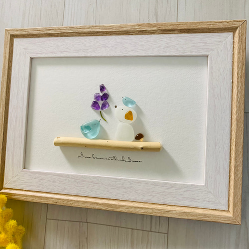 シーグラス アートパネル 天然石 ワンちゃんと小鳥 ラベンダー