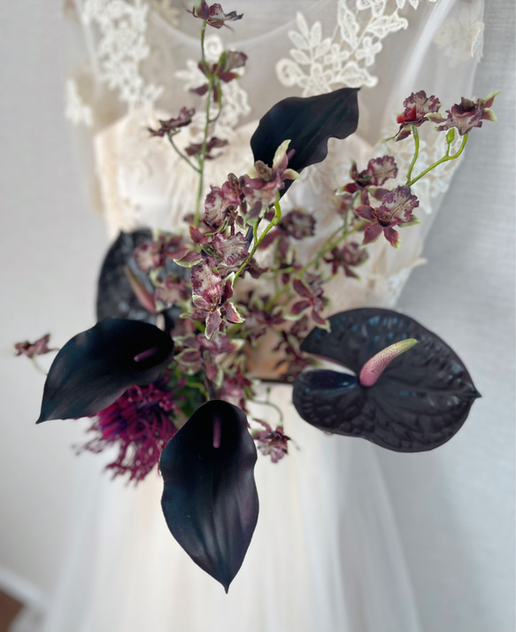 カラー アンスリウム ウエディングブーケ  アーティフィシャルフラワー 造花 ブートニアset 個性派ブーケ 送料無料 10枚目の画像