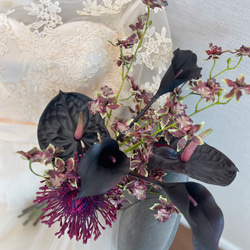 カラー アンスリウム ウエディングブーケ  アーティフィシャルフラワー 造花 ブートニアset 個性派ブーケ 送料無料 3枚目の画像