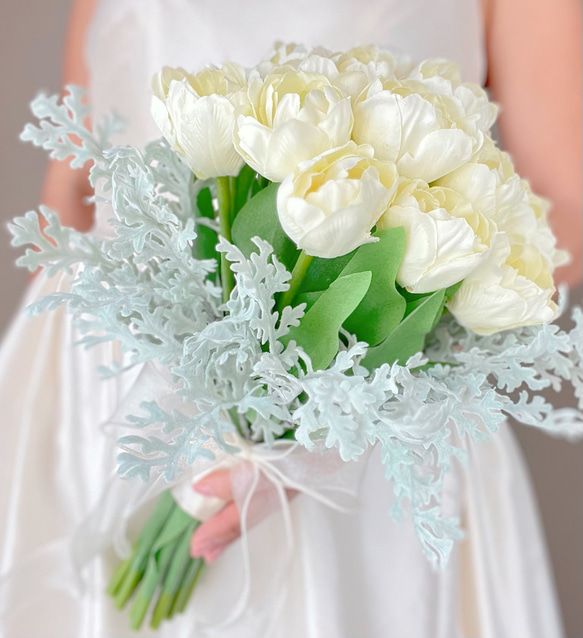 チューリップ ウエディングブーケ 造花 白 春 ブーケ＆ブートニアset　送料無料 アーティフィシャルフラワー U1691650568(13000円)