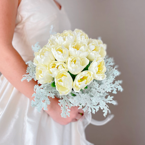 チューリップブーケ かわいい ウエディングブーケ 造花 白 春 アーティ