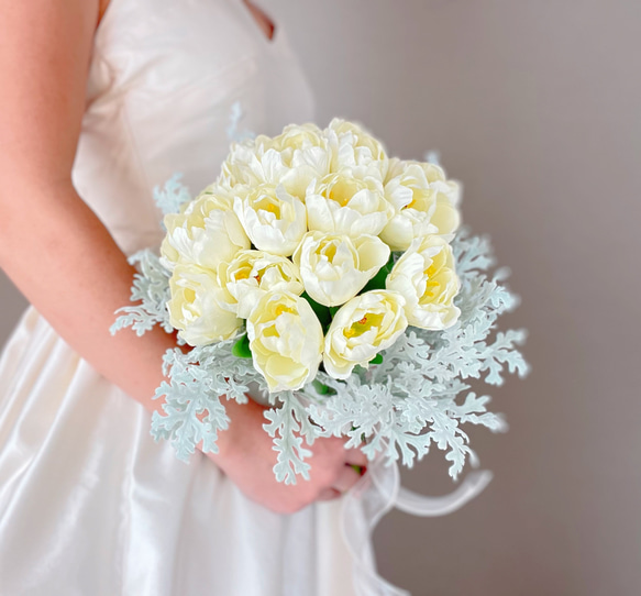 チューリップ ウエディングブーケ 造花 白 春 ブーケ＆ブートニアset　送料無料 アーティフィシャルフラワー U1691650568(13000円)