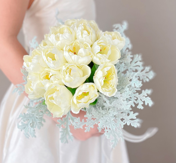 チューリップ ウエディングブーケ 造花 白 春 ブーケ＆ブートニアset　送料無料 アーティフィシャルフラワー U1691650568(13000円)