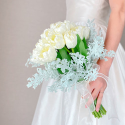 チューリップブーケ かわいい ウエディングブーケ 造花 白 春 アーティ