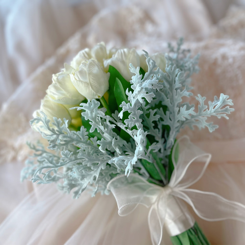 チューリップブーケ かわいい ウエディングブーケ 造花 白 春 アーティ