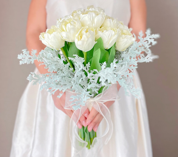 チューリップ ウエディングブーケ 造花 白 春 ブーケ＆ブートニアset　送料無料 アーティフィシャルフラワー U1691650568(13000円)