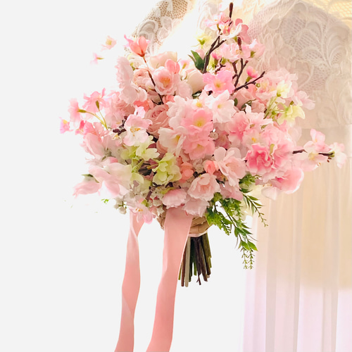 桜ブーケ、春、ウェディングブーケ 造花ブーケ 薔薇 ピンク 桜