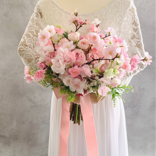桜ブーケ、春、ウェディングブーケ 造花ブーケ 薔薇 ピンク 桜 桜ブーケ、春、ウェディングブーケ 造花ブーケ 薔薇 ピンク 桜
