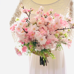 桜ブーケ、春、ウェディングブーケ 造花ブーケ 薔薇 ピンク 桜