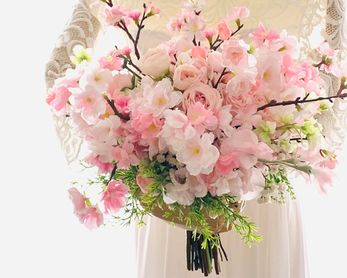桜ブーケ、春、ウェディングブーケ 造花ブーケ 薔薇 ピンク 桜