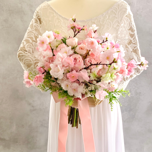 桜ブーケ、春、ウェディングブーケ 造花ブーケ 薔薇 ピンク 桜 桜ブーケ、春、ウェディングブーケ 造花ブーケ 薔薇 ピンク 桜