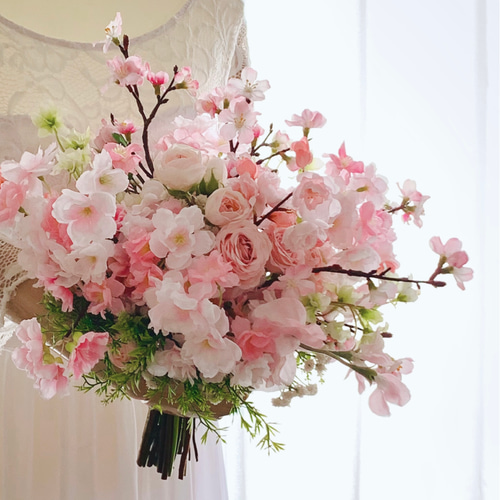 桜ブーケ、春、ウェディングブーケ 造花ブーケ 薔薇 ピンク 桜 桜ブーケ、春、ウェディングブーケ 造花ブーケ 薔薇 ピンク 桜