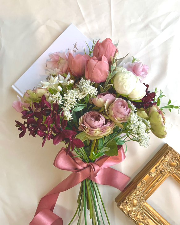 大人ピンクのクラッチブーケ＆ブートニア【アーティフィシャルフラワー  