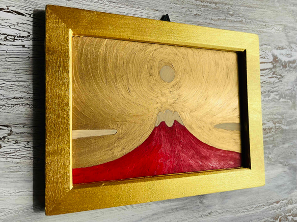 縁起物絵画「赤富士」横・大・原画・油彩・絵画・壁掛け・独立スタンド付き 2枚目の画像