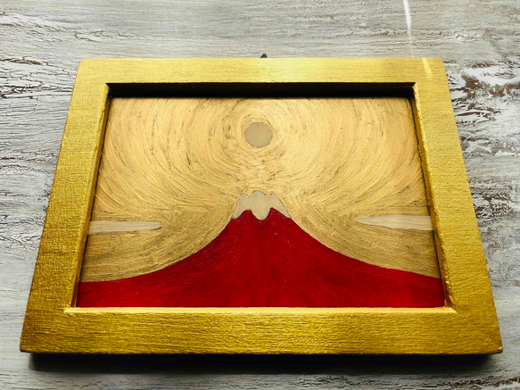 縁起物絵画「赤富士」横・大・原画・油彩・絵画・壁掛け・独立スタンド付き 1枚目の画像