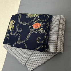 小紋　フルセット　着物　正絹　紺　帯リバーシブル　開き名古屋帯　O2 166号 半幅帯 正絹 リバーシブル☆東京染小紋 紺×江戸小紋 縞☆新品の