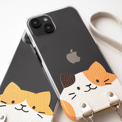 全機種対応 スマホショルダー 【 ちょいまる ねこ 】 クリア スマホケース 本革 レザー 母の日 BS27K 2枚目の画像