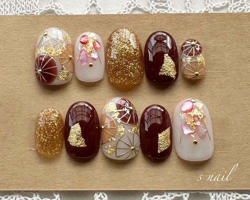 濃いめのブラウン和柄ネイルチップ 成人式 ブライダル 卒業式 前撮り