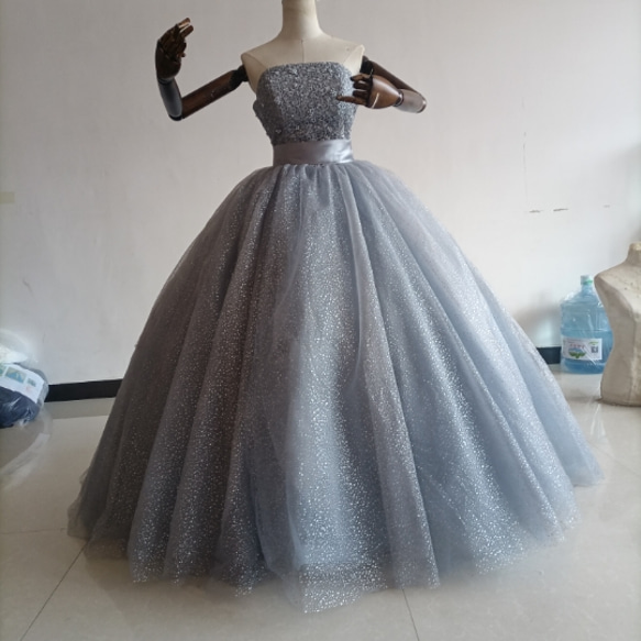 高品質！ ウエディングドレス グレー キラキラチュール 2次会 カラー  