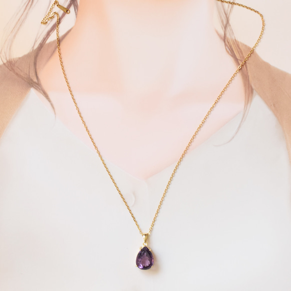 [獨一無二/CC] 寬鬆大滴紫水晶一對形狀寶石不銹鋼項鍊 50 厘米 第7張的照片