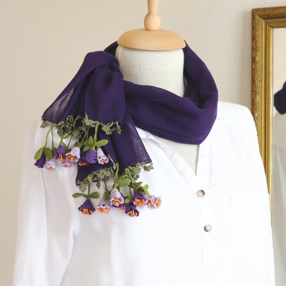 【數量有限】3D蕾絲花朵棉質披肩「雙花」葡萄紫 第1張的照片