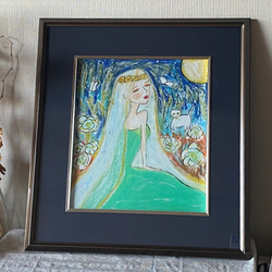 絵画。壁掛け絵原画手描き【花の咲く月夜、花のベールをかぶった花嫁と