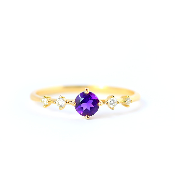 紫水晶和鑽石 K18 戒指圓形切割 ~Ello Lily~ 二月生日石 第5張的照片