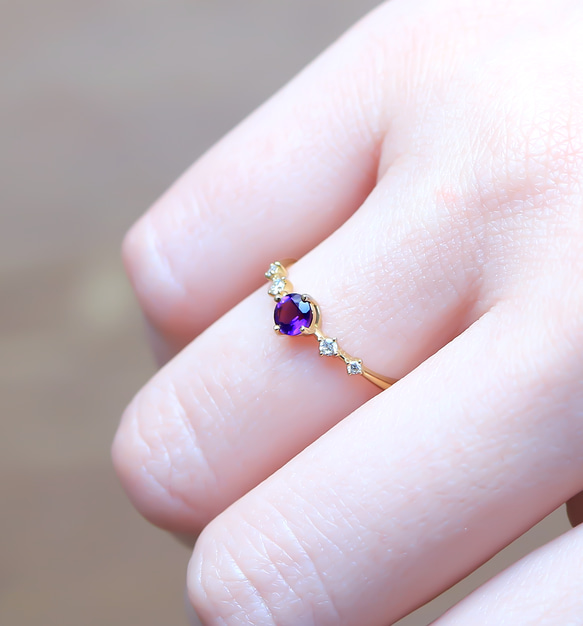 紫水晶和鑽石 K18 戒指圓形切割 ~Ello Lily~ 二月生日石 第3張的照片