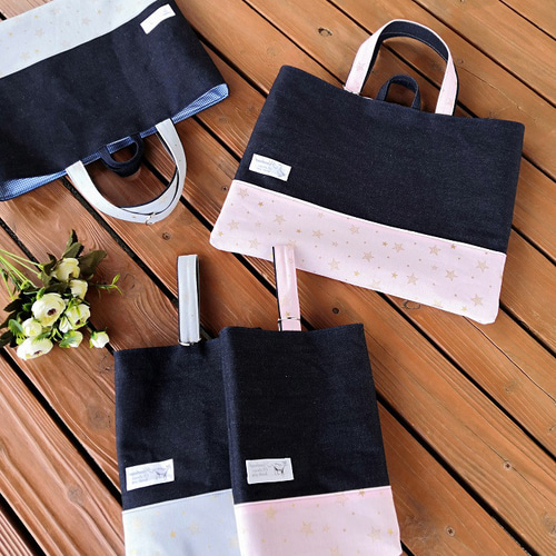 レッスンバッグ＆上履き入れ2点セット星柄＆デニムプリントハンドメイド