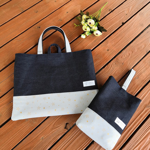 レッスンバッグ＆上履き入れ　2点セット　星柄＆デニムプリント　ハンドメイド レッスンバッグ＆上履き入れ2点セット星柄＆デニムプリントハンドメイド